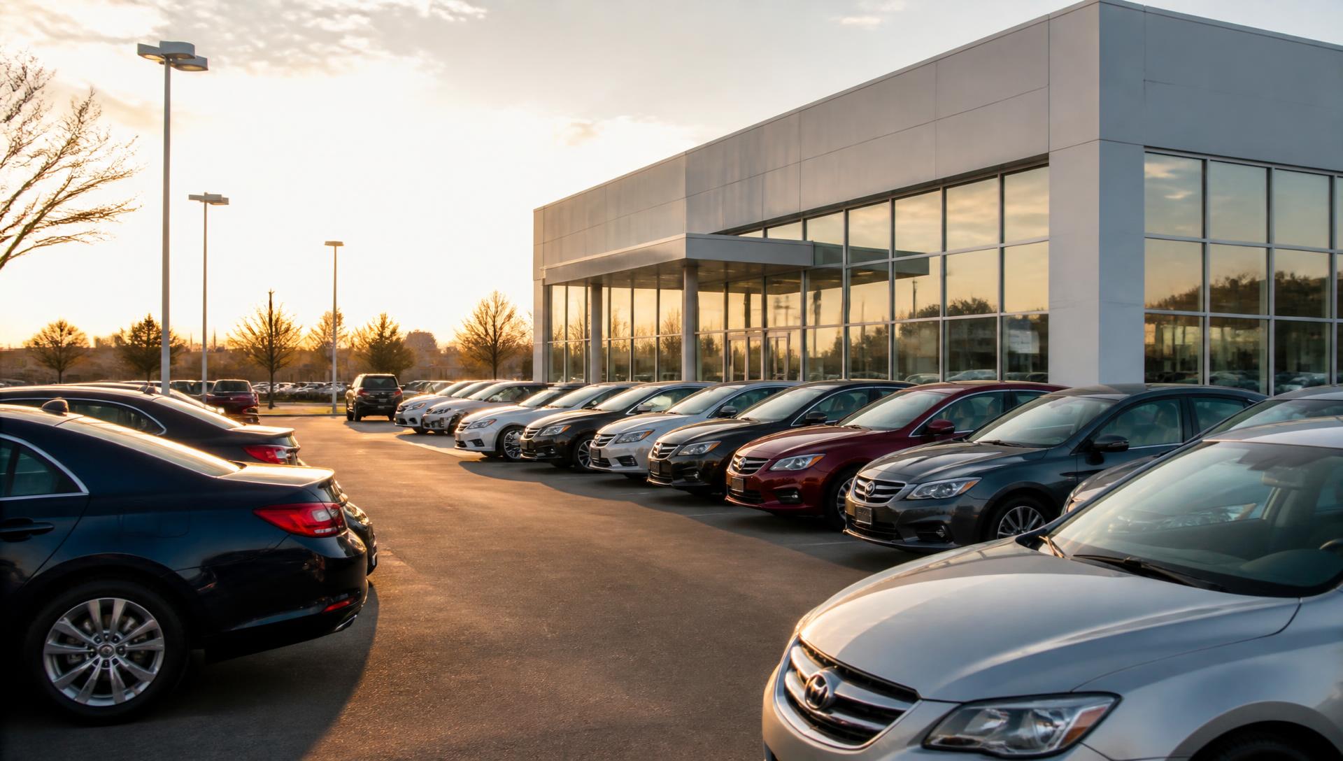 Park Avenue Motors dealership lot in Columbus, Ohio at sunset
